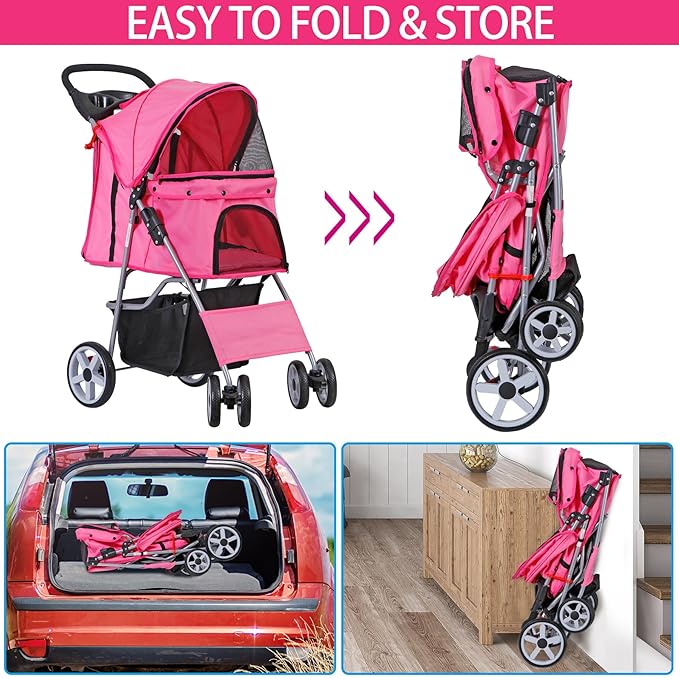 4 Wheels Foldable Pet Dog Cat Jogger Stroller Travel Carrier Strolling Cart w/Waterproof Cover Storage Basket Cup Holder & Removable Liner for Medium Small Cat Dog, Pink