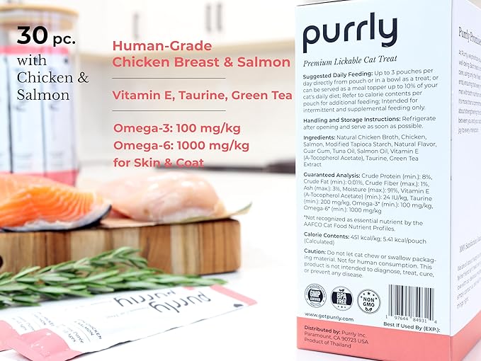 Purrly Hydrating Wet Cat Treat Snack Topper Creamy Purée Human-Grade Chicken Breast & Salmon with Omega-3 & 6 for Skin & Coat (30 Count) Healthy Lickable Squeeze Soft Training Snack Low-Phosphorus