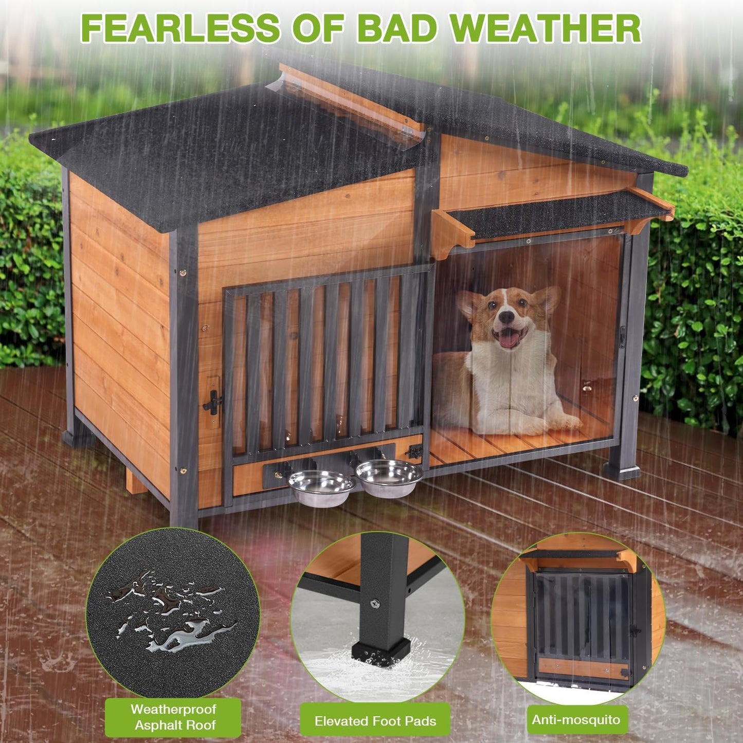 Dog House Outdoor with Bowls Weatherproof Dog Kennel with Anti-Chewing Iron Frame Dog Shelter for Small Medium Dogs