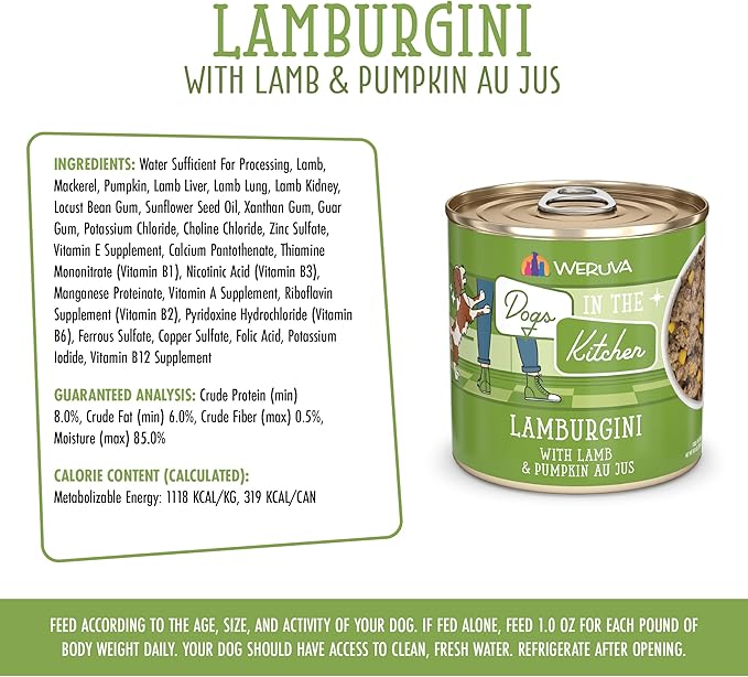 Weruva Dogs in the Kitchen, Lamburgini with Lamb & Pumpkin Au Jus Dog Food, 10oz Can (Pack of 12)