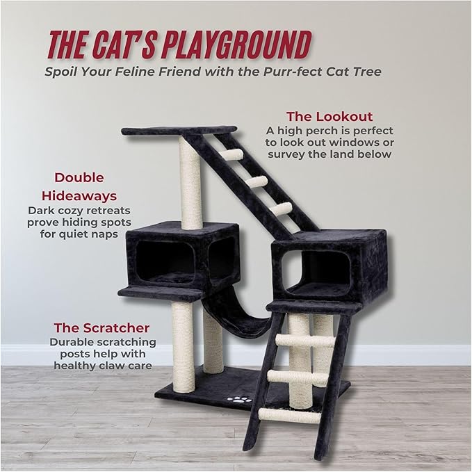 TRIXIE Malaga Cat Tower – Cat Tree with Extra-Thick Sisal Posts, Caves, Platforms & Hammock – Durable Cat Furniture for Indoor Cats – Gray, 18" x 28" x 43"