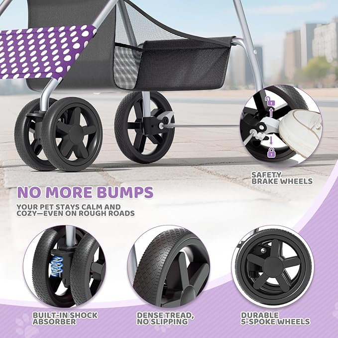Magshion Foldable Pet Stroller, 3-in-1 Dog Travel Jogger with Detachable Carrier, Cup Holder, Storage Basket, Folding Carrier for Small/Medium Dogs & Cats Up to 33 lbs, Purple Polka Dots
