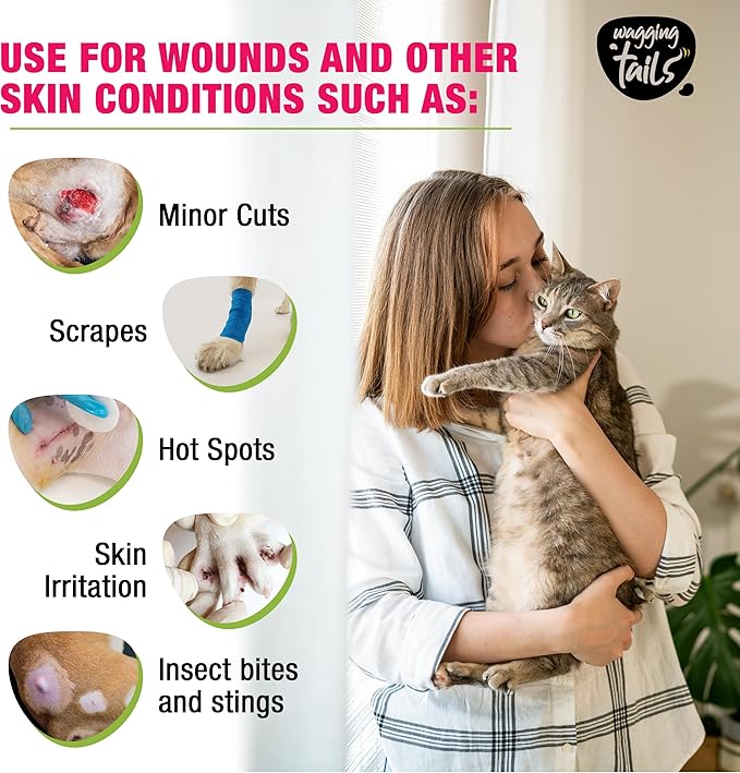 Wagging Tails Wound Care Spray for Dogs & Cats|Fast Healing for Minor Cuts,Scrapes,Hot Spots,Rashes|Soothes Skin Irritation & Insect Bites|Lick Safe,Repair Wound|3.38 oz