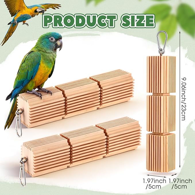 CroBlissful 3 Pcs Parrot Chew Toys Large Hanging Bird Toys for Parrot 9 Inch Natural Wooden Bird Foraging Toy Beak Grinding Blocks for Parakeet, Cockatiel, Conure, Lovebird, Macaws, African Grey