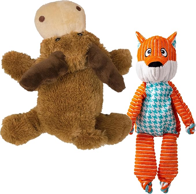 KONG XL 2 Pack - Soft Plush Dog Toy for Large Breeds - Durable, Cuddly & Squeaky - Perfect for Play & Comfort (Moose/Fox)