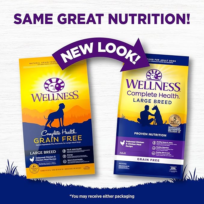 Wellness Complete Health Large Breed Adult Dry Dog Food, Grain Free Kibble, Natural, Chicken Recipe, 24 lb Bag