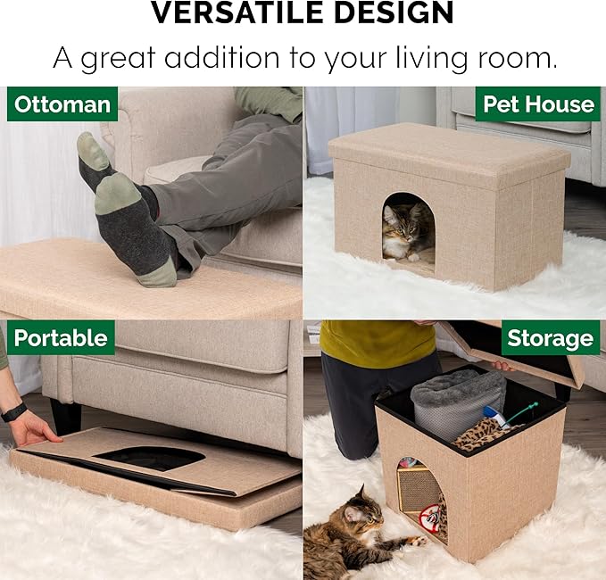 Furhaven Pet House for Indoor Cats & Medium/Small Dogs, Collapsible & Foldable w/Plush Ball Toy - Living Room Ottoman Cat Condo - Sand, Large