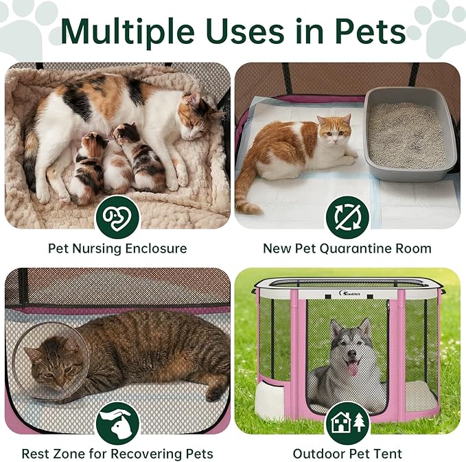 Siedihit Dog Cat Playpen Crate with Washable Pee Pad, Reinforced Durable Dog Cage, Portable Foldable Pet Kennel with Breathable Visibility (Pink, Extra Large)