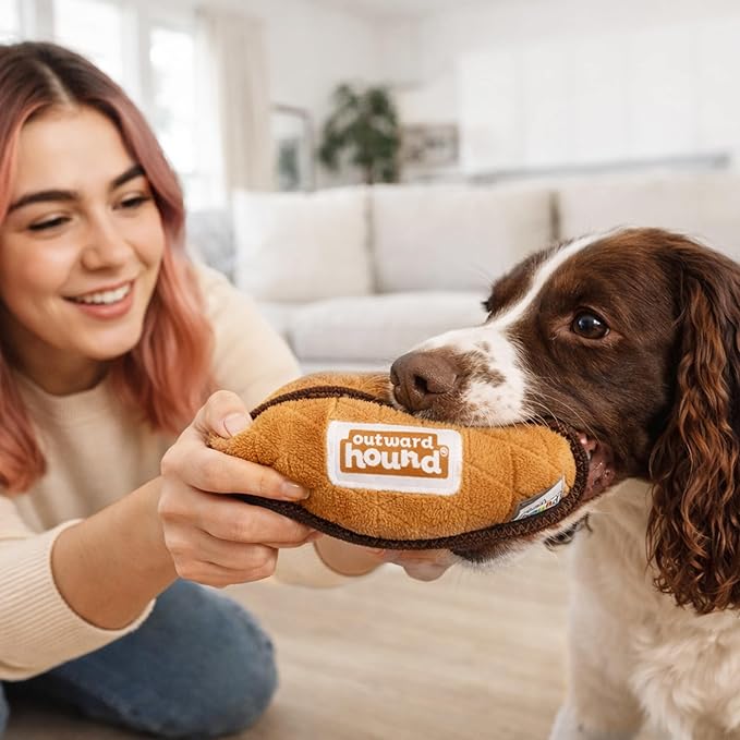 Outward Hound Xtreme Seamz Dog Toy, Reinforced Seams & Multiple Stitching, Durable Plush with Squeakers, Football, 7.1”