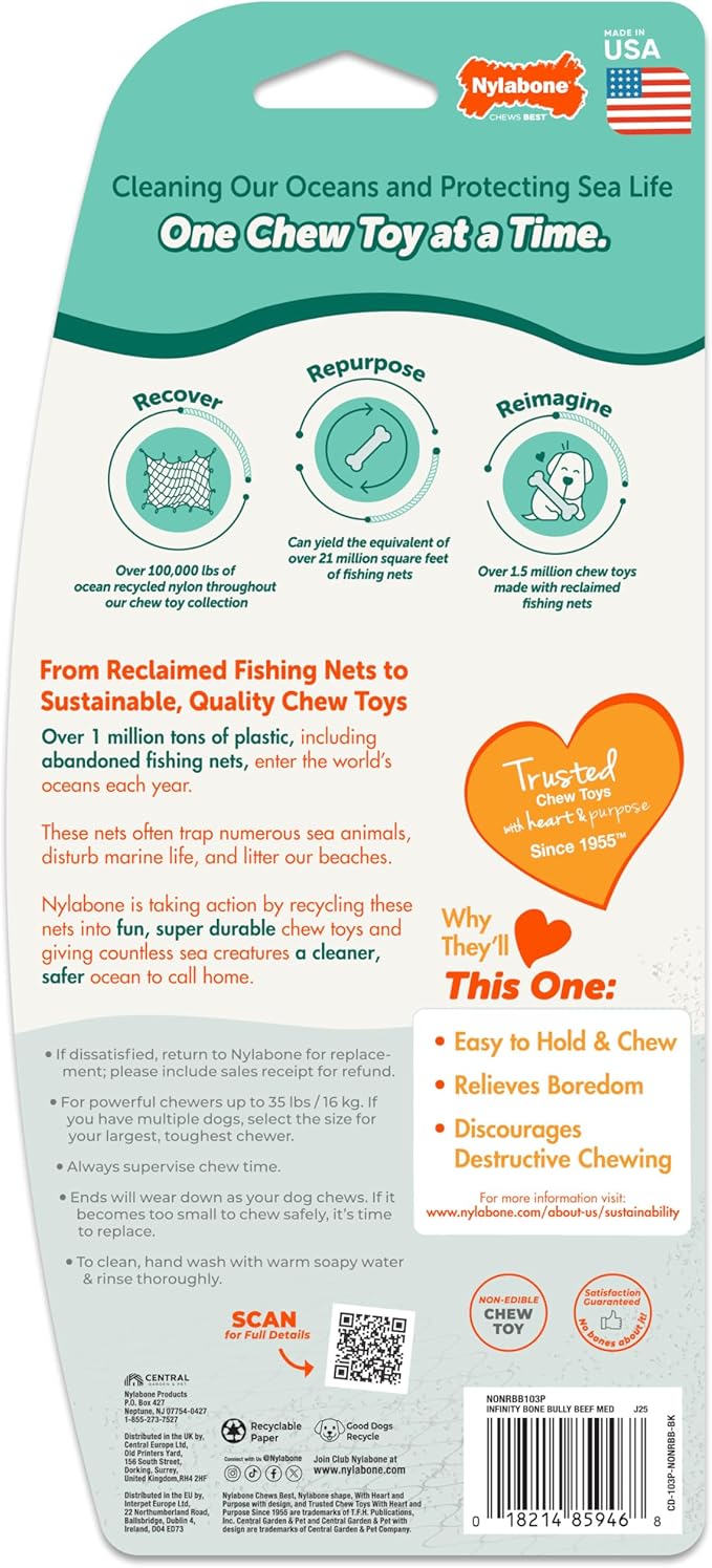 Nylabone Love Our Oceans Infinity Braid Bone Power Chew Toy for Dogs, Recycled & Sustainable Dog Chew Bones, Made in USA, Bully Stick Flavor, Medium Dog Toys - Up to 35 lbs, 1 Count