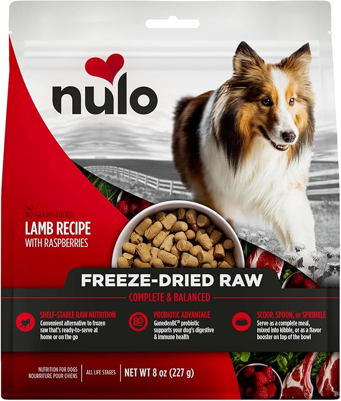 Nulo Freeze-Dried Raw Lamb Recipe with Raspberries Complete and Balanced Dry Dog Food Kibble, 8 Ounce Bag
