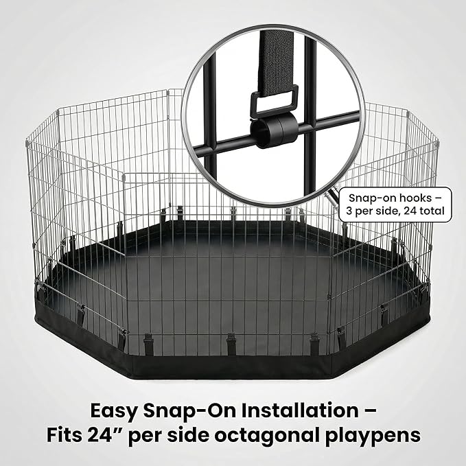 PJYuCien Octagonal Playpen Bottom Pad for 24" Side Metal Pet Pen, Waterproof 600D Oxford with Raised Edges & Snap Hooks, Washable for Puppy Small Animals, Black