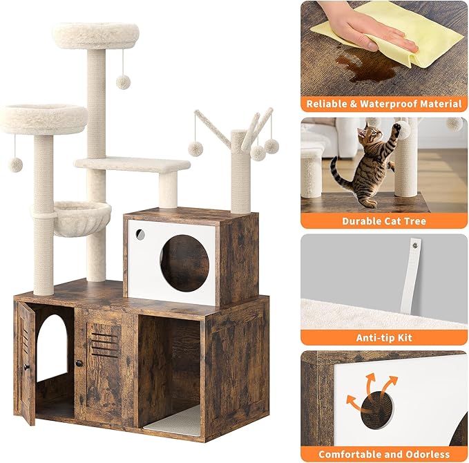 Furniture Style Cat Tree Tower & Hidden Litter Box Cabinet Combo – Multi-Level Cat House with Sisal Scratching Posts, Perch & Luxury Hammock