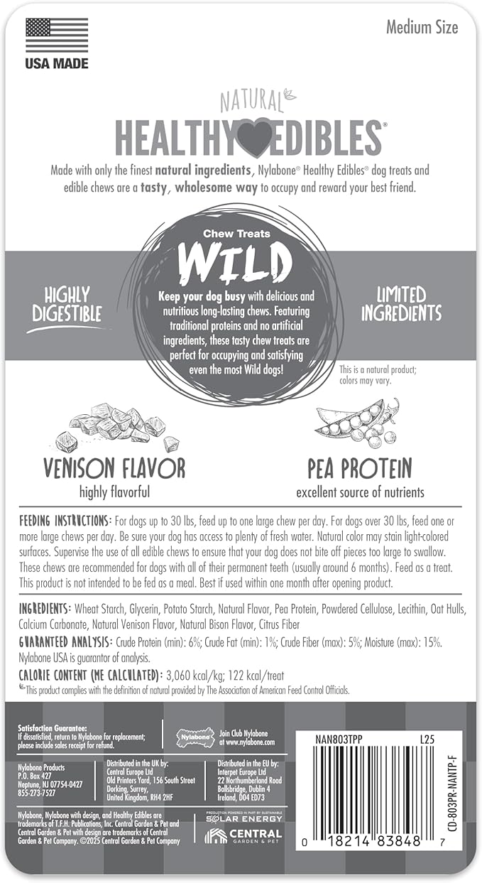 Nylabone Healthy Edibles WILD Natural Dog Chew Treats for Large Dogs, Long Lasting Dog Healthy Chew Antler Bone Made in USA, Venison Flavor, For Dogs Up to 50 lbs. (2 Count)