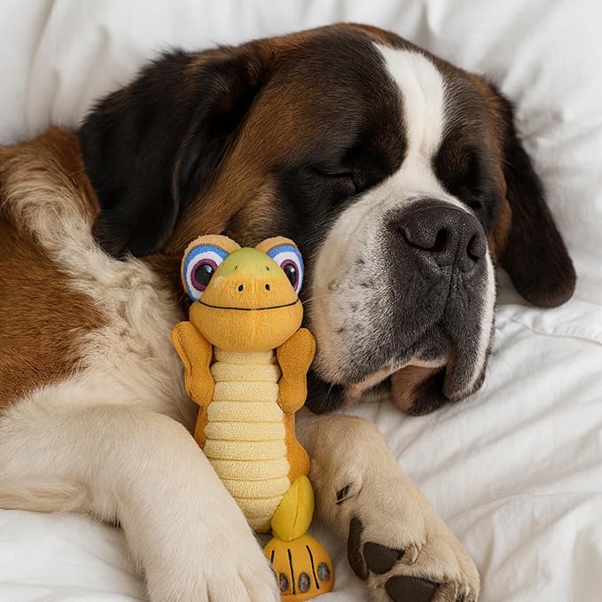 Happy Tails Interactive 12-Inch Yellow Lizard Squeaky Dog Toy for Medium to Large Dogs, Durable Polyester with Reinforced Stitching