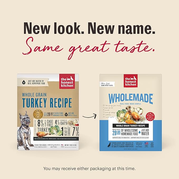 The Honest Kitchen Human Grade Wholemade™ Dehydrated Dog Food, Whole Grain Dog Food, Turkey, 7 lb (Makes 28lbs)