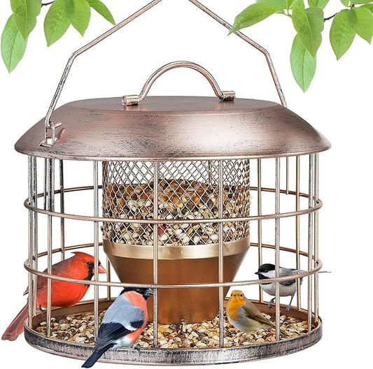 Metal Caged Bird Feeder, Squirrel Proof Bird Feeders for Outdoors Hanging, Wild Birds Feeder for Small Sparrows Finchs, Squirrel Chew-Proof Birdfeeder for Outside Backyard Birding Watching Gifts