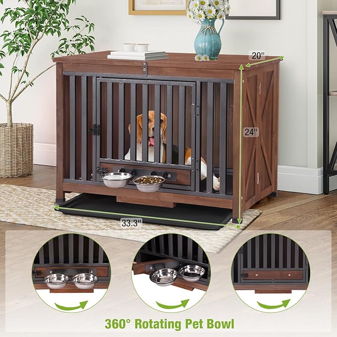 GUTINNEEN Dog Crate Furniture Foldable Dog Kennel for Small Medium Dogs Large Solid Wood Dog House with Bowl Heavy Duty Dog Cage End Table (Dark Brown)