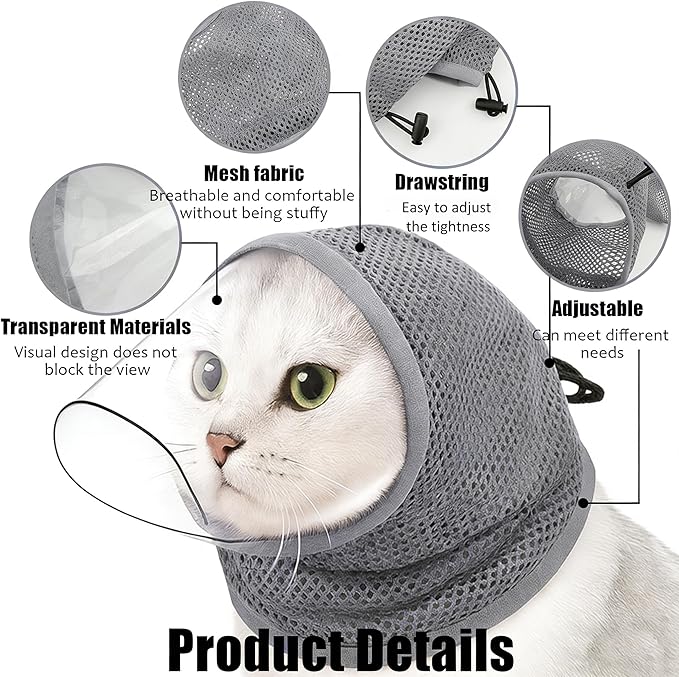 Cat Muzzle for Grooming, Breathable Mesh Cat Head Cover with Soft TPU Beak to Prevent Biting, Stress-Free Nail Trimming & Bathing for Kittens & Cats, S