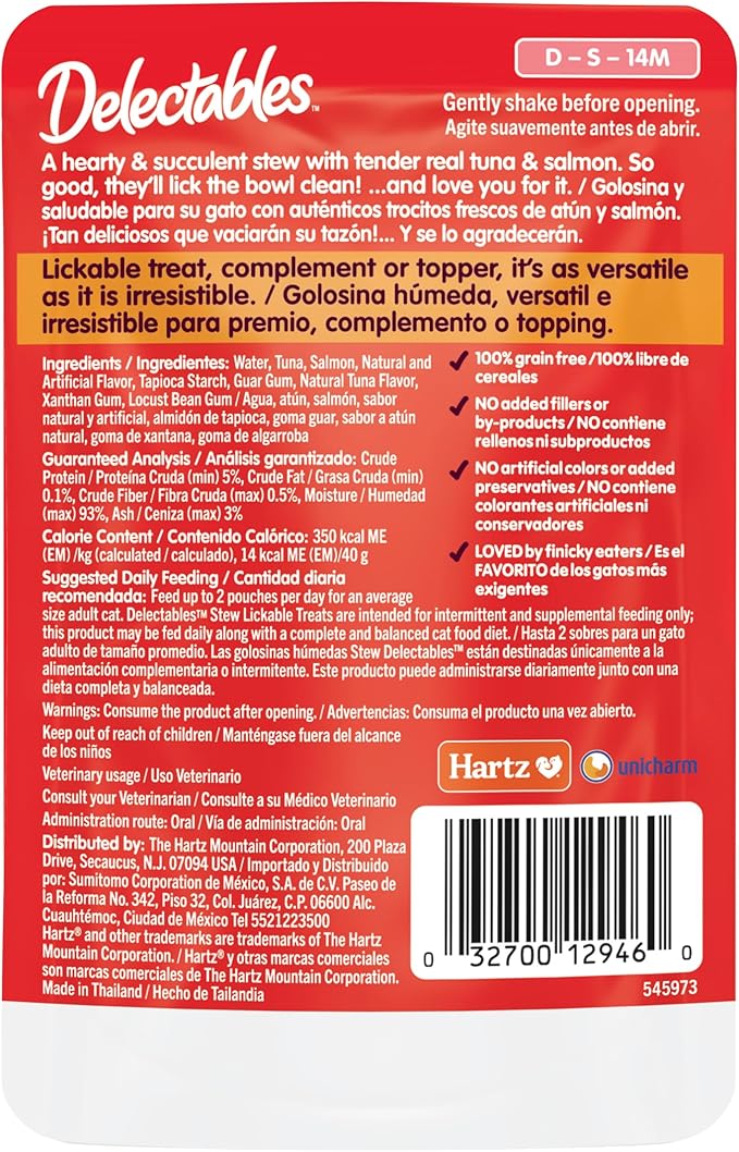 Delectables Lickable Treat Stew Wet Cat Treat with Real Tuna & Salmon, Food Topper, Hydrating, Grain-Free, No Fillers, No By-Products, No Added Preservatives, 1.4oz Pouch, 12ct