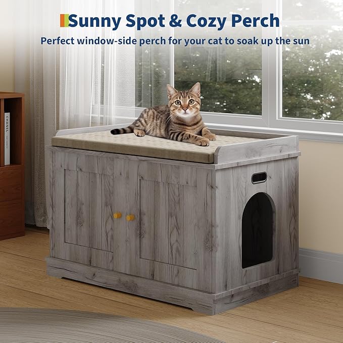 Cat Litter Box Enclosure Furniture with Barn Door & Display Shelf, Wooden Hidden Litter Box Cover, Dog-Proof Design for Multiple Cats, Modern Cat House Furniture to Fit Most Litter Boxes - Grey
