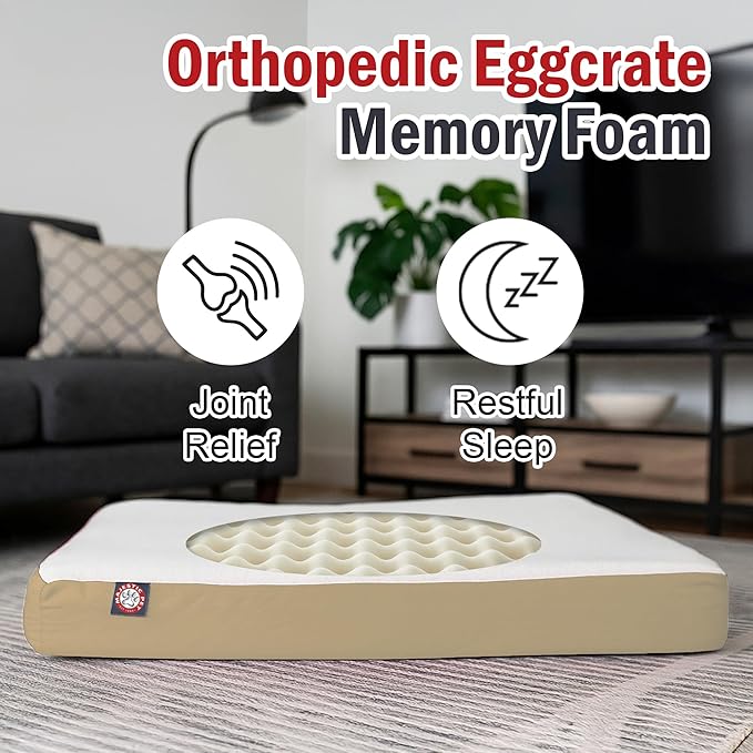 Majestic Pet 48x34x3 Inch Khaki Orthopedic Memory Foam Rectangle Dog Bed – Large Size Crate Dog Bed for Dogs with Joint Pain, Arthritis – Durable Pet Mattress with Egg Crate Foam, Washable Cover