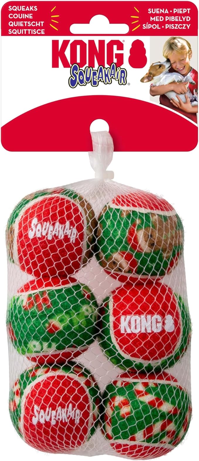 KONG Holiday SqueakAir Tennis Balls Dog Toy – 6-Pack Plush-Felt Squeaky Fetch Balls with Christmas Theme, Non-Abrasive Material Gentle on Teeth (Small)