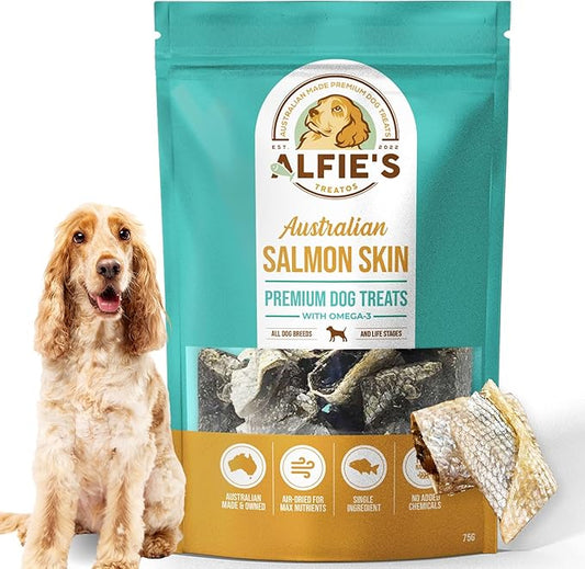 ALFIE'S TREATOS Salmon Skin Treats for Dogs (2.65 oz), Air-Dried Fish Skin Dog Treats, Omega-3 Food Topper & Training, Single Ingredient, Freeze-Dried Alternative