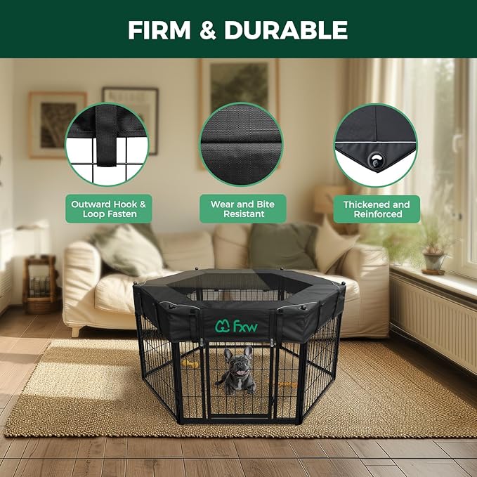 FXW Homeplus Indoor Dog Playpen with Hexagon Mesh Top Cover for Escape Prevention, 24 Inch 6 Panels Heavy Duty Dog Pen for Puppies and Small Dogs, Black│Patented