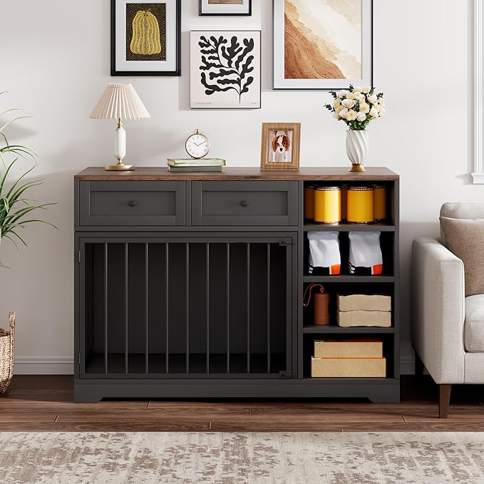GarveeHome Dog Crate Furniture 47", Large Dog Crate TV Stand with 2 Drawers and 4 Shelves, Wooden Dog Kennel Indoor, Decorative Dog Cage with Storage for Large Dogs, Black