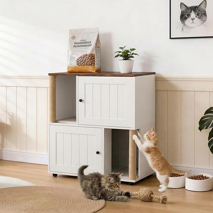 Double Litter Box Enclosure for 2 Cats, 2 Tier Litter Box Enclosure Furniture with Scratching Post and Dual Mats,Wood Cat Kitty House Cabinet,Modern Style
