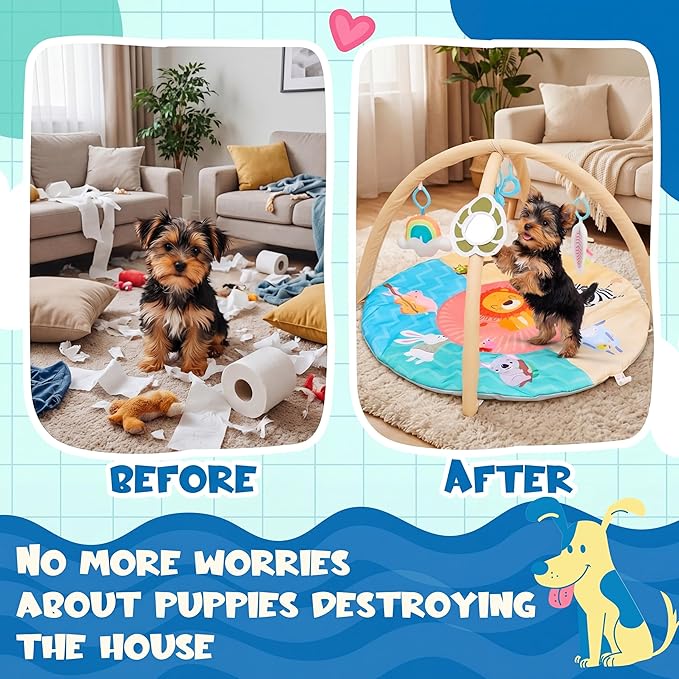 Puppy Play Gym, Dog Cat Activity Mat with Squeaky Toys, Interactive Sensory Mat for Pets, 30 x 30 x 20 Inch, Suitable for Dogs Cats Exercise Napping