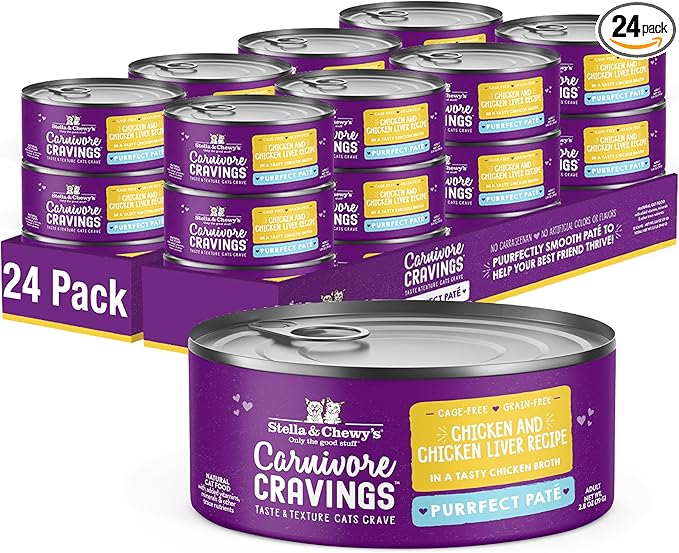 Stella & Chewy's Carnivore Cravings Purrfect Paté - Premium Grain-Free Wet Cat Food - Chicken & Liver Recipe - High Protein with Bone Broth - Perfect for Picky Eaters - 2.8oz Cans (24 Pack)