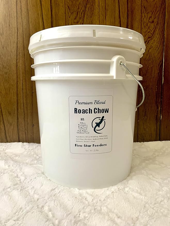 25 lb. Bulk Roach & Cricket Chow – Balanced Protein, Calcium-Fortified Diet by Five-Star Feeders – 5-Gallon Bucket