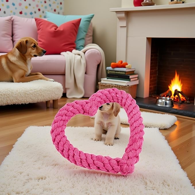 Pink Cute Dog/Cat Chew Toys, Dog Toys for Chewers, Heavy Duty Dental Dog Rope Toy for Dogs, Creative Love Heart Shaped Interactive Rope Dog Toys, Cotton Puppy Teething Chew Tug ToyPet teething toys