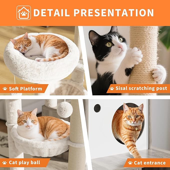 Furniture Style Cat Tree Tower & Hidden Litter Box Cabinet Combo – Multi-Level Cat House with Sisal Scratching Posts, Perch & Luxury Hammock