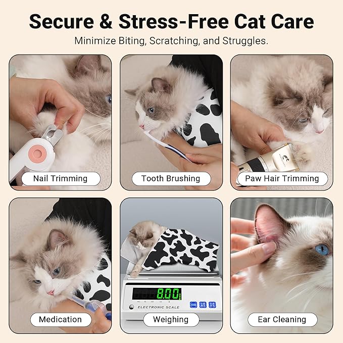 Purrfect Peace Cat Swaddle Wrap – Professional Calming Restraint Bag for Grooming, Nail Trimming & Medicine - Adjustable Cat Restraint for Grooming, Vet Visits (Cow Pattern, M)