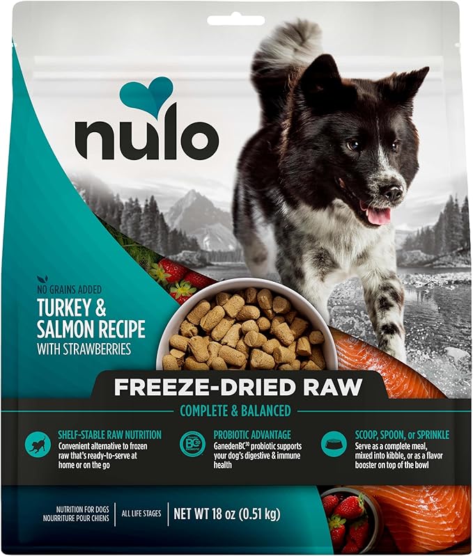 Nulo Freeze-Dried Raw Turkey & Salmon Recipe with Strawberries Complete and Balanced Dry Dog Food Kibble, 18 Ounce Bag
