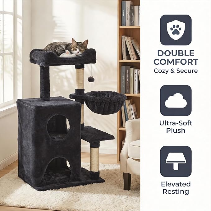 Fansafurn Cat Tree Tower for Indoor Cats, 36-inch Adult Cat Tree House for Large Adult Cats with Steps, Scratching Post, 2 Cat Condo, Dangling Toys, Dark Grey