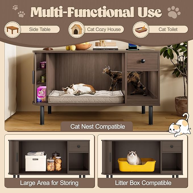 Merax 37.4" Cat Litter Box Enclosure with Sliding Door & Charging Station, Wooden Hidden Litter Box Enclosure Furniture w/Storage Drawer, Modern Indoor Cat House, TV Stand for Living Room, Brown