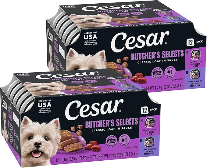 Cesar Classic Loaf in Sauce Wet Dog Food Butcher's Selects Variety Pack, Dry-Aged Ribeye Flavor and Filet Mignon Flavor, 3.5 oz. Easy Peel Trays, Variety Pack (12 Count, Pack of 1)