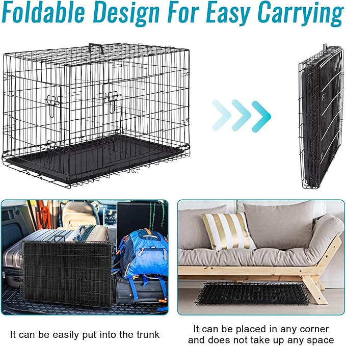 FDW 24-Inch Dog Crate for Small Dogs, Double Door Folding Metal Wire Pet Kennel with Divider Panel & Leak-Proof Plastic Tray, Black