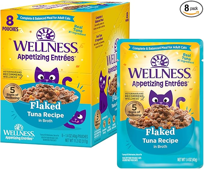 Wellness Appetizing Entrées Flaked Adult Wet Cat Food, Natural, Protein Rich, Grain Free, Tuna Recipe, 1.4 oz, Pack of 8 Pouches