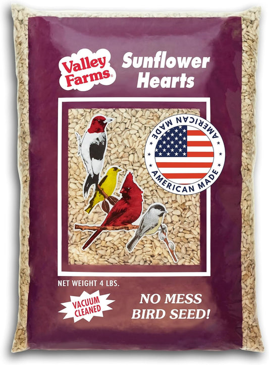 Valley Farms Whole Sunflower Hearts for Birds, Girasol Kernels Wild Bird Food, No Mess Wild Bird Seed for Outside Feeders (4 LBS)