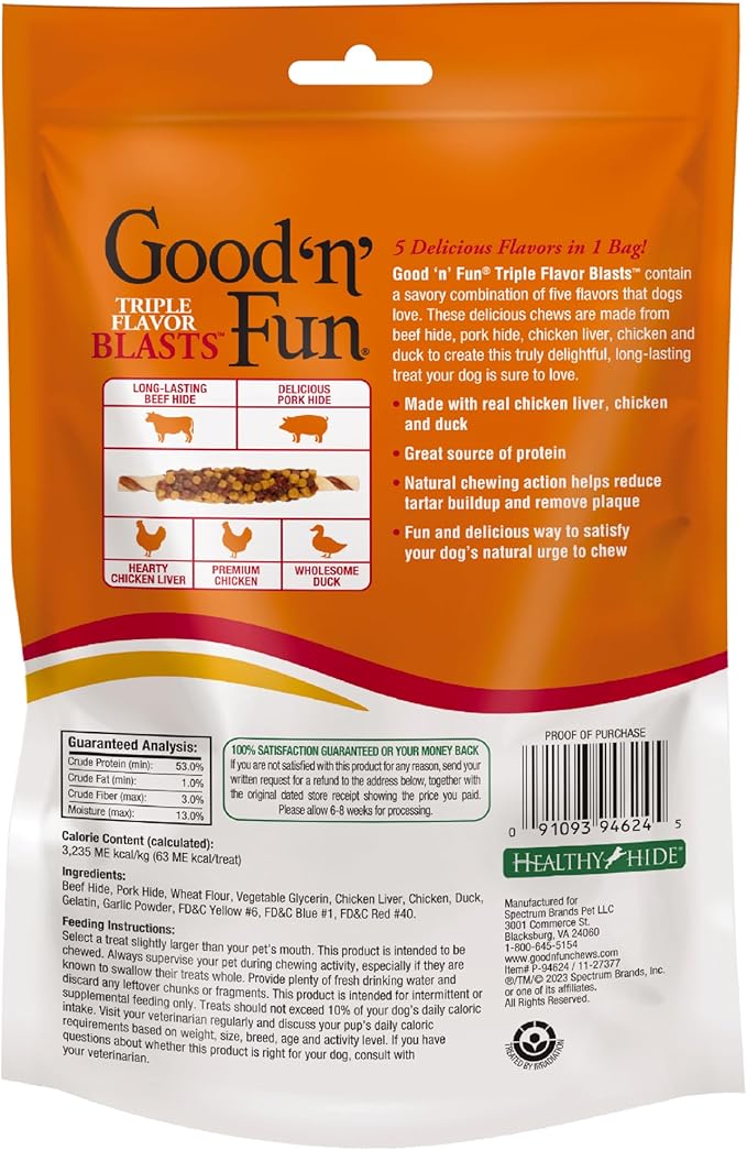 GOOD 'N' FUN Triple Flavor Blasts for All Dogs, 4 Ounces, Treat Your Dog to Long-Lasting Chews Made with Chicken Liver, Chicken & Duck