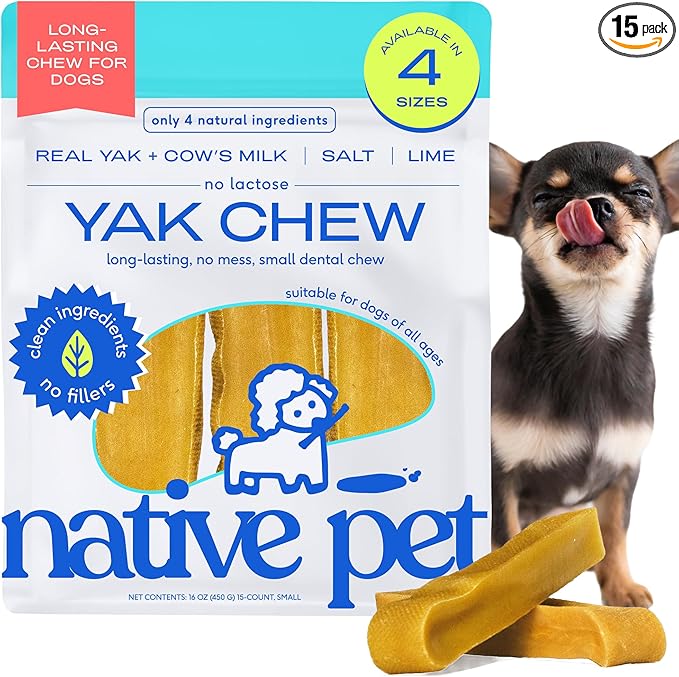 Native Pet Yak Cheese Himalayan Dog Chews - Long Lasting Dental Sticks for Small Breeds– 100% All Natural Himalayan Yak Chews for Small Dogs – Cheese Bone for Aggressive Chewers - 15 Per Pack