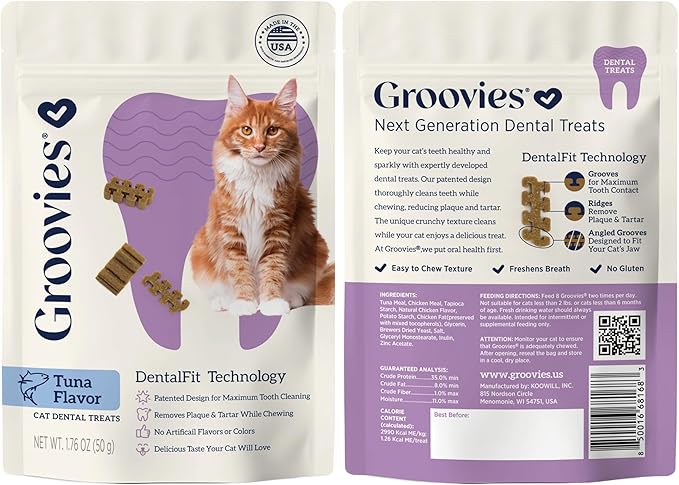 Groovies Cat Daily Dental Treats. Tasty, Crunchy Bites Cats Love. Powered by USA-Patented DentalFit Tech. No Gluten or Artificial Flavors or Colors. 1.76oz Each bag - (2 pack) of (1)Salmon & (1)Tuna