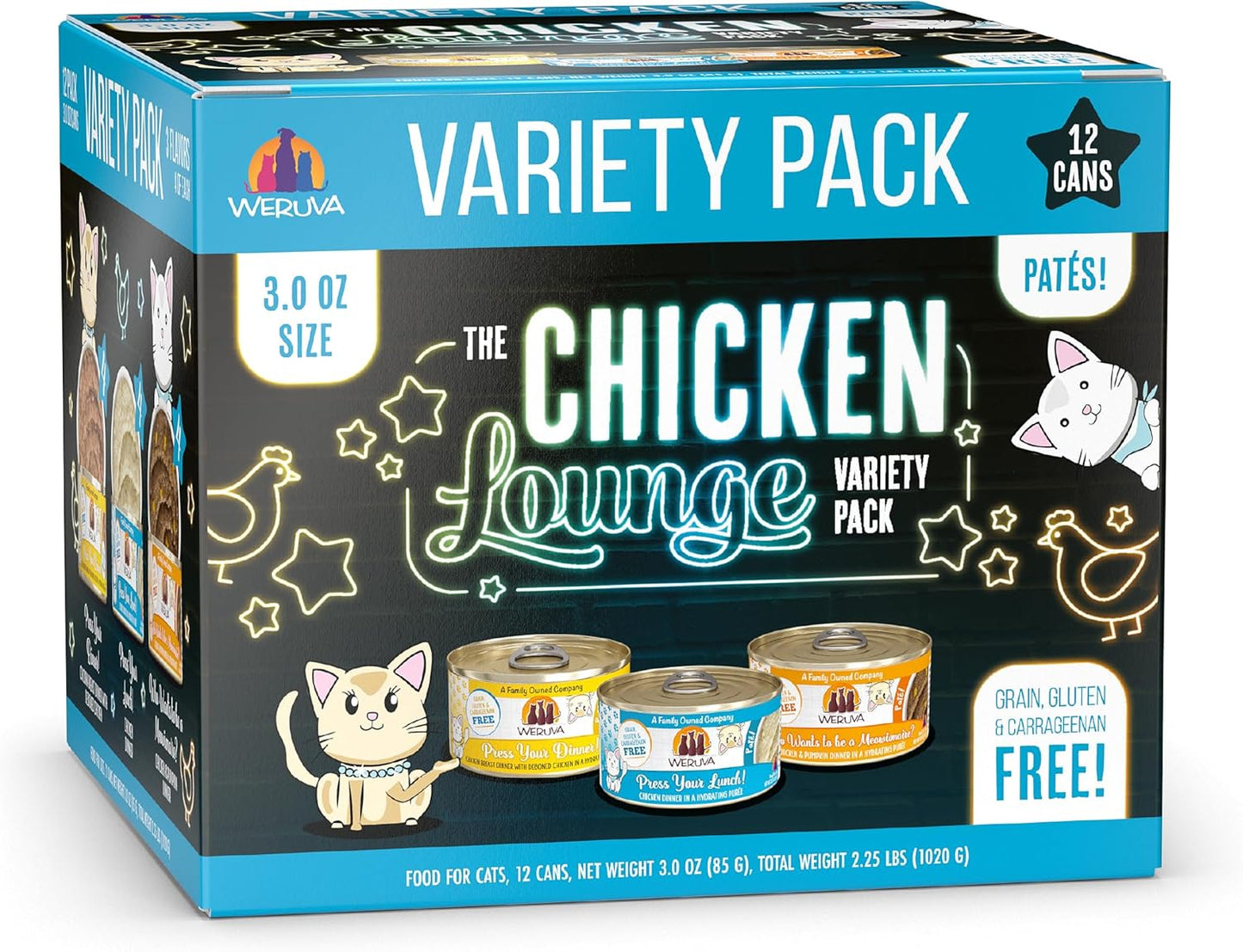 Weruva Wet Cat Food, The Chicken Lounge Paté Variety Pack, 3oz Can, Pack of 12