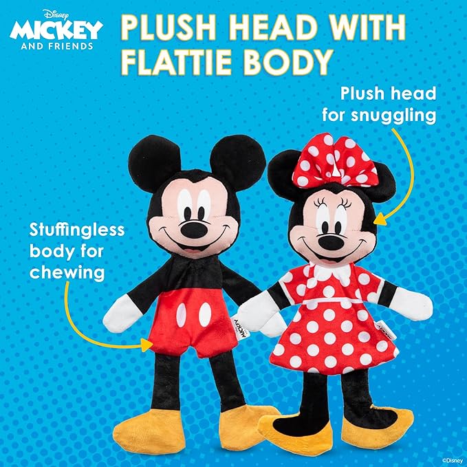 Disney for Pets Mickey & Minnie Mouse Plush Squeaker with Crinkle Flattie Body Dog Toy Set Dog Toys | Plush Squeaker Toy for Dogs Inspired by Mickey Mouse, 13.5in - 2 Pack