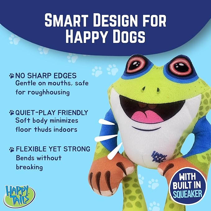 Happy Tails Interactive 12-Inch Frog Squeaky Dog Toy for Medium to Large Dogs, Durable Polyester with Reinforced Stitching, Green